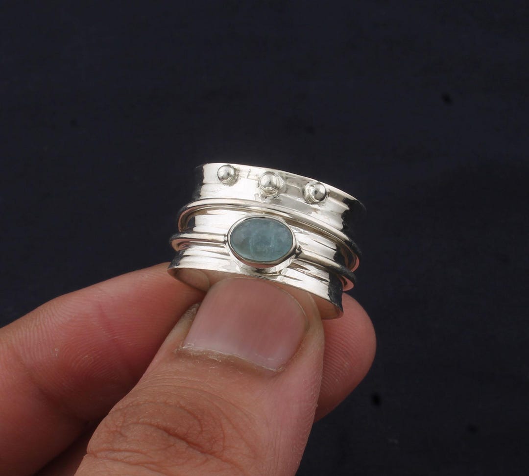 Aquamarine Spinner Ring: Handmade 925 Sterling Silver, March