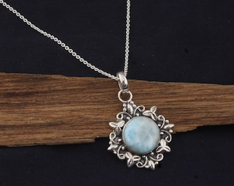Sterling Silver Larimar Necklace: Round Gemstone Pendant