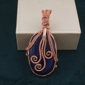 Handmade Lapis Lazuli Pendant: Rose Gold Copper Wire Wrapped Jewelry
