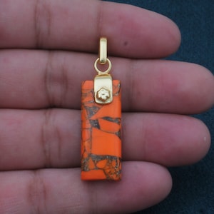 Orange Copper Turquoise Pendant: 14K Gold Plated Gemstone Bar