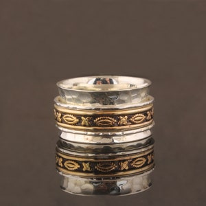 Two Tone Band 925 Sterling Silver Spinner Ring, Handmade Engraved Silver Designer Fidget2025 Bands Ring For Women Wedding Gift Idea