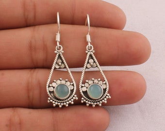 Aqua Chalcedony Earrings: Handmade 925 Antique Silver Boho Earrings