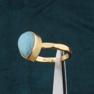 Hand Hammered Larimar Ring For Women, Band Ring, 14k Gold Plated Ring, Blue Larimar Gemstone Engagement Ring, Larimar Gemstone Jewelry Women