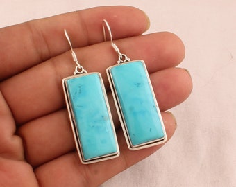 Handmade Sterling Silver Turquoise Earrings: Rectangle Gemstone Bar
