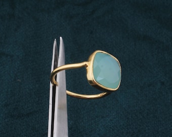 Gold Plated Aqua Chalcedony Ring: Handmade Cushion Cut Gemstone