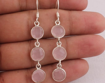 Authentic Real Rose Quartz Earring, 925-Sterling Silver, Top Quality Gemstone, Dangle Earring, Dainty Hoop Earrings, Adorable Christmas Gift