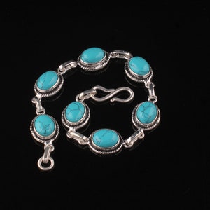 Tibetan Turquoise Bracelet: Oval Gemstone, 925 Sterling Silver, Boho Style