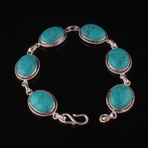 Tibetan Turquoise Bracelet: Oval Gemstone, 925 Sterling Silver, Boho Style