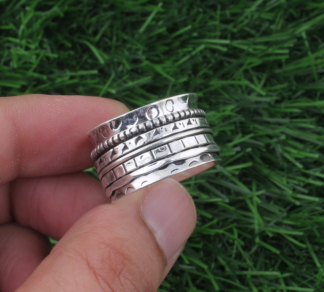 Sterling Silver Wide Band Spinner Ring: Chunky Meditation Fidget Ring ...