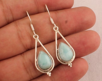 Natural Larimar Silver Solid 925 Sterling Silver Earrings For Women -Handmade Pear Stone Gemstone Earrings For Wedding Anniversary Gift Idea