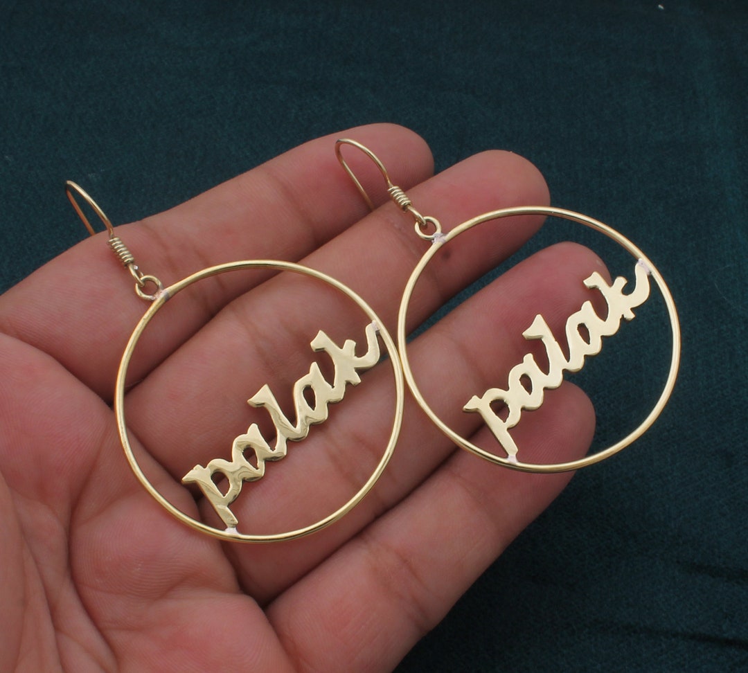 Personalized Name Earrings, 14k Gold Plated Circle Big Nameplate