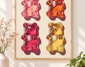 Colorful Gummy Bear Wall Art – Retro Candy Poster, Dopamine Decor, Maximalist Kitchen Print, Playful Y2K Room Art