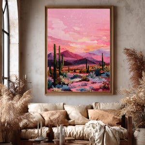 Eclectische desert poster met kleurrijke bergen en sterren.