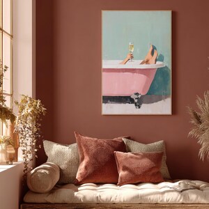 Boho badkamer mock-up met champagne in bad poster.