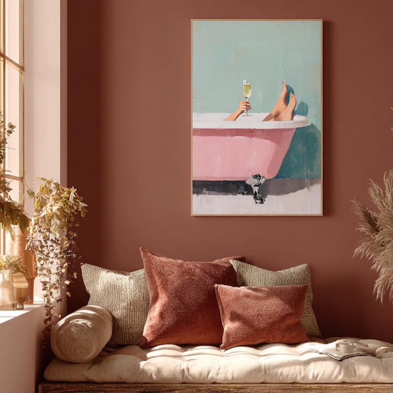 Boho badkamer mock-up met champagne in bad poster.