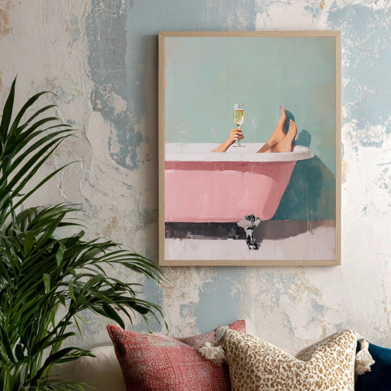 Glamoureuze badkamerposter met champagneglas en boho vibe.