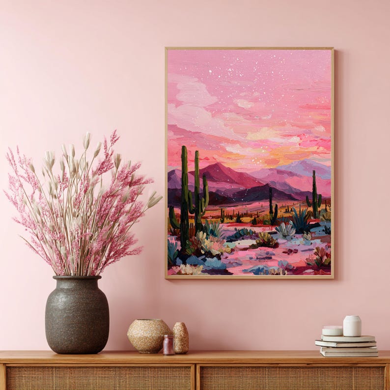Retro woestijn kunstposter met roze en paarse tinten.