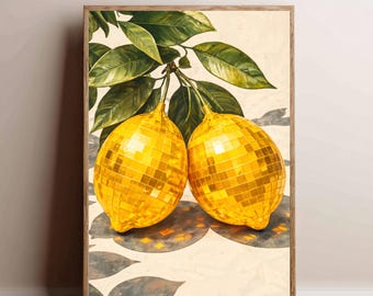 Retro Funky Disco Lemons Poster, Lemon Disco Ball Art Print, Maximalist Dopamine Decor, Retro Kitchen Wall Art