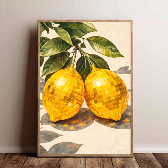 Retro Funky Disco Lemons Poster, Citroen Disco Ball Art Print, Maximalist Dopamine Decor, Retro Kitchen Wall Art