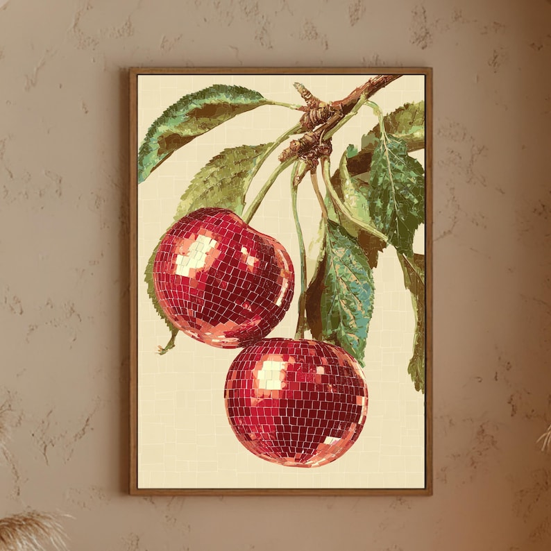 Disco kersen poster met retro fruit en glitter discobal in funky stijl.