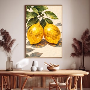 Funky keukenposter met citroenen en disco ball textuur.