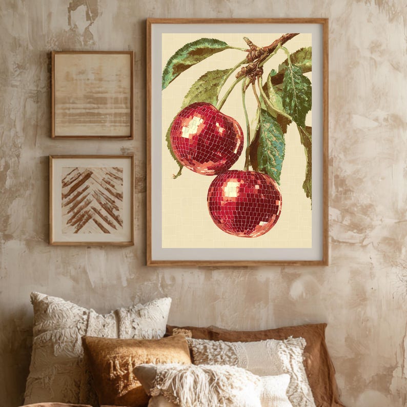 Boho art print met retro fruit en disco sparkle details.