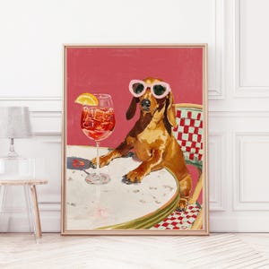 Teckel Aperol Spritz Poster, Grappige Hond Wanddecoratie, Teckel Cadeau, Cocktail Bar Decoratie, Kleurrijke Dieren Kunst Print