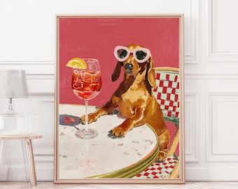 Póster de perro salchicha y Aperol Spritz, divertida decoración de pared con temática canina, regalo para perros salchicha, decoración para bares de cócteles, lámina artística colorida con motivos de animales.