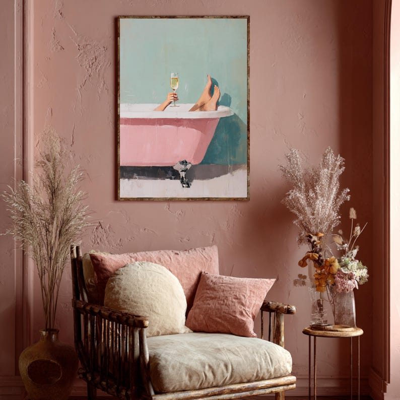 Wanddecoratie voor badkamer met retro champagne art print.