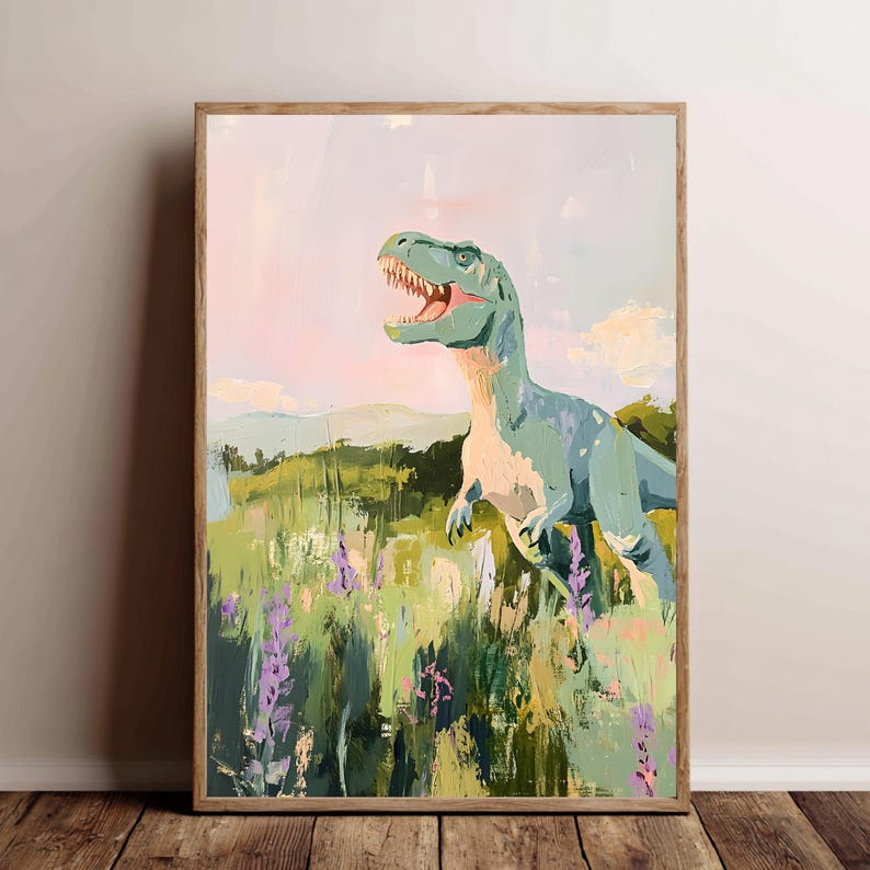 Maximalistische dinosaurus poster met schilderachtige textuur.