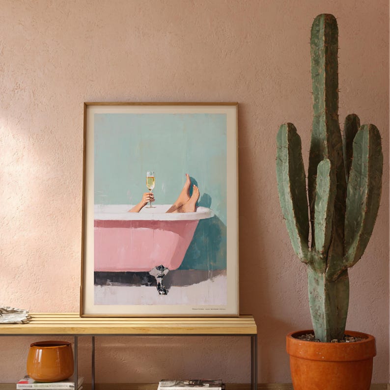 Feminine selfcare art print met champagne, retro stijl.