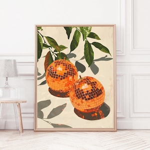 Funky wall art print met sinaasappels en bladeren.