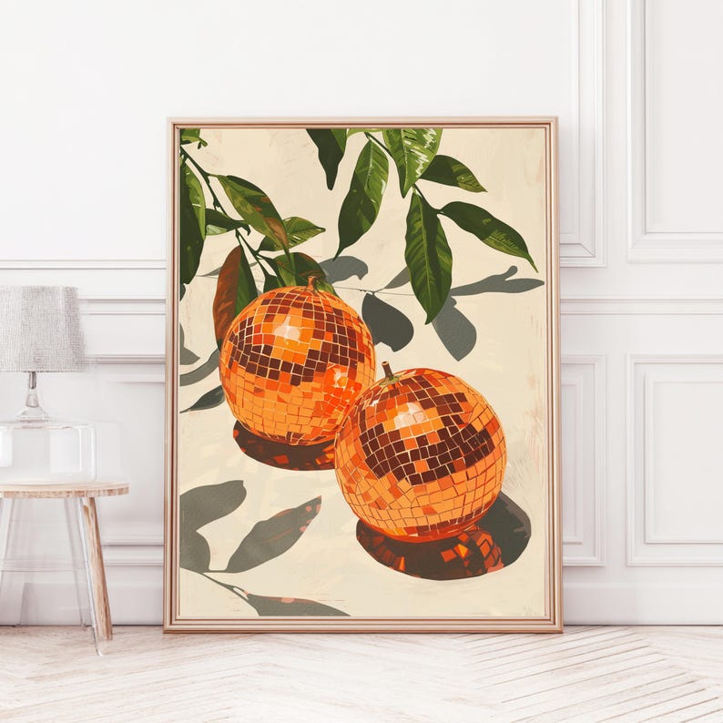 Funky wall art print met sinaasappels en bladeren.