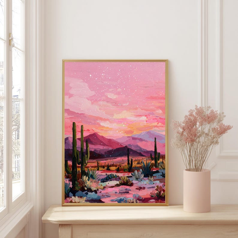 Roze woestijn poster met cactussen, bergen en sterrenhemel in dopamine stijl.