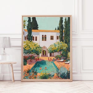 Könnte beinhalten: Ein gerahmtes Gemälde zeigt eine ruhige Szene im Freien mit einem weißen Gebäude, einem türkisfarbenen Pool und üppigem Grün. Das Kunstwerk zeigt Menschen beim Schwimmen und Entspannen, mit einem hellblauen Himmel und einer warmen, einladenden Farbpalette.