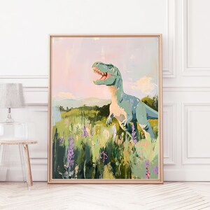 Speelse dinosaurus wall art met grove penseelstreken.