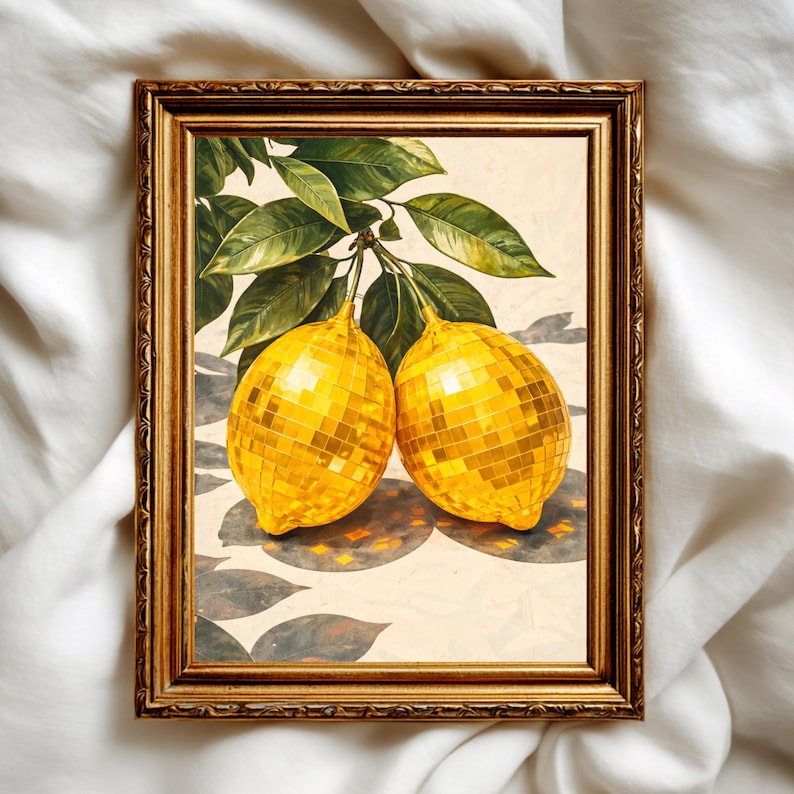 Disco lemons poster met botanische bladeren.