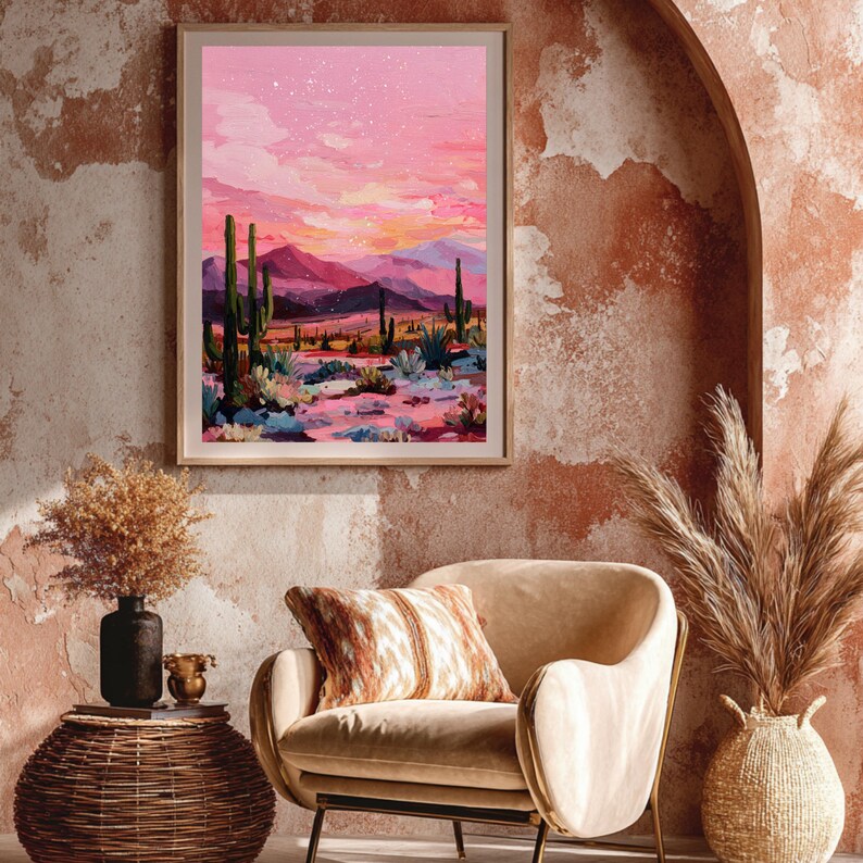 Kleurrijke desert landschap kunst in dopamine stijl.