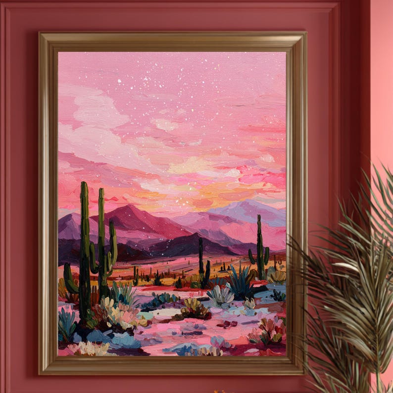 Cactus landschap art print in dopamine decor vibes.
