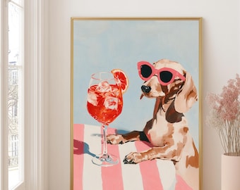 Teckel Aperol Spritz Poster, Grappige Hond Zomer Wanddecoratie, Blonde Teckel Print, Cocktail Kunst, Hond Cadeau