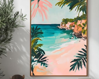 Poster Kunst Roze Strand Zee met Palmbomen Droom Maximalistische kunst Eclectisch Boho Kitsch Esthetiek trendy dopaminekunst
