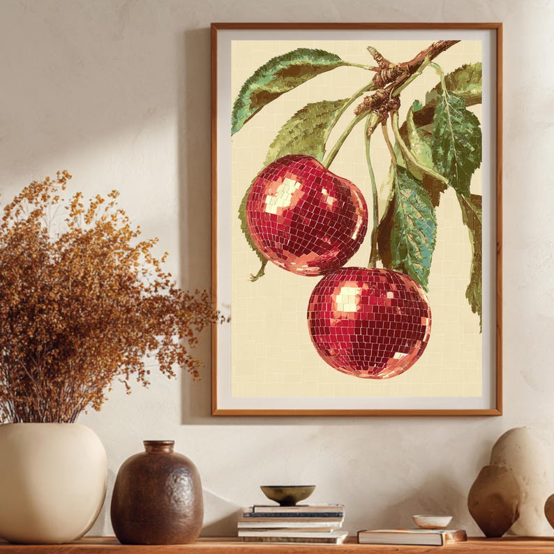 Funky dopamine art print met kersen in retro kleuren.