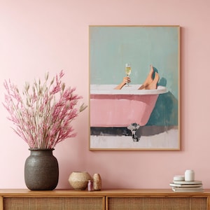 Retro art print met vrouw en champagne, dopamine decor.