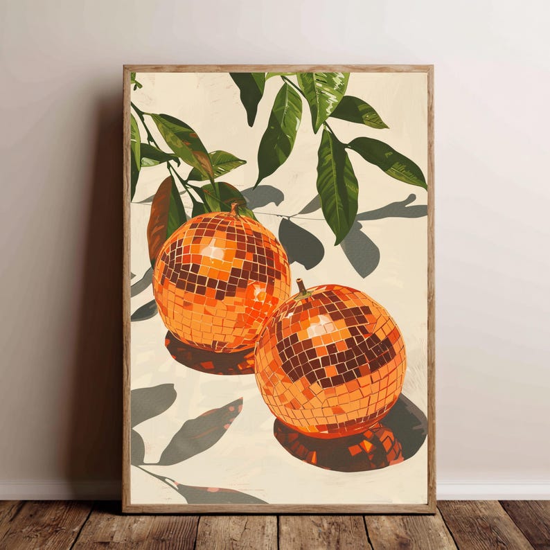 Oranje disco siGroovy kunstprint met oranje discoballen.naasappels poster met funky retro vibe.