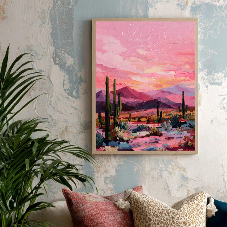 Happy wall art van een roze woestijn bij zonsondergang.