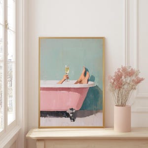 Poster van champagne in bad, feminine zelfzorg kunst voor badkamer.