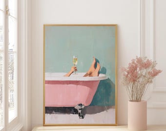 Póster de baño: Champán en el baño, lámina artística de autocuidado femenino, decoración de pared retro con dopamina, arte bohemio femenino, salón de belleza, autocuidado