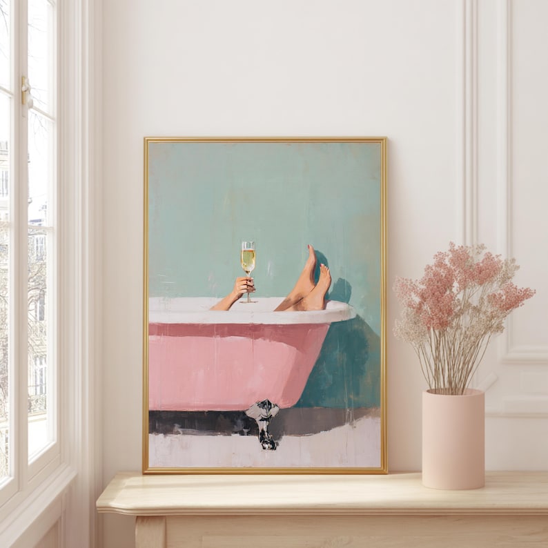 Poster van champagne in bad, feminine zelfzorg kunst voor badkamer.