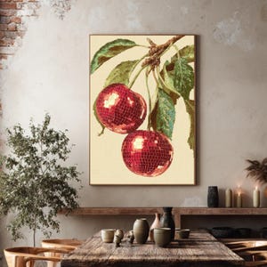 Kunstprint met kersen en discobal, dopamine wall art voor interieur.