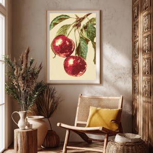 Fruit en discobal kunstprint, eclectische dopamine art stijl.
